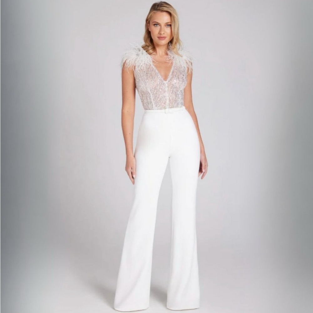 NADINE MERABI ELISSA White Feathered Jumpsuit S/M